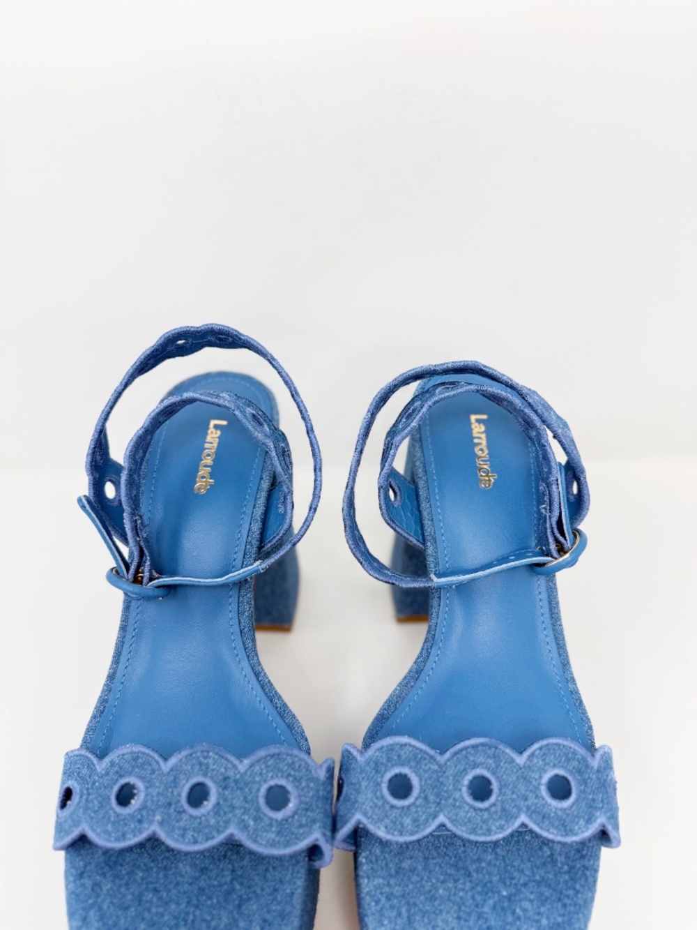 New Larroude Dolly Broderie Sandal In Blue Stoned Denim Sz 9.5 - Picture 8 of 12